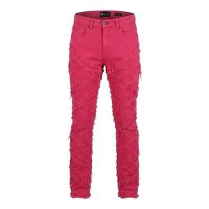 Waimea Stacked Pink Distressed Skinny Fringe Stretch Jeans Men Size 30